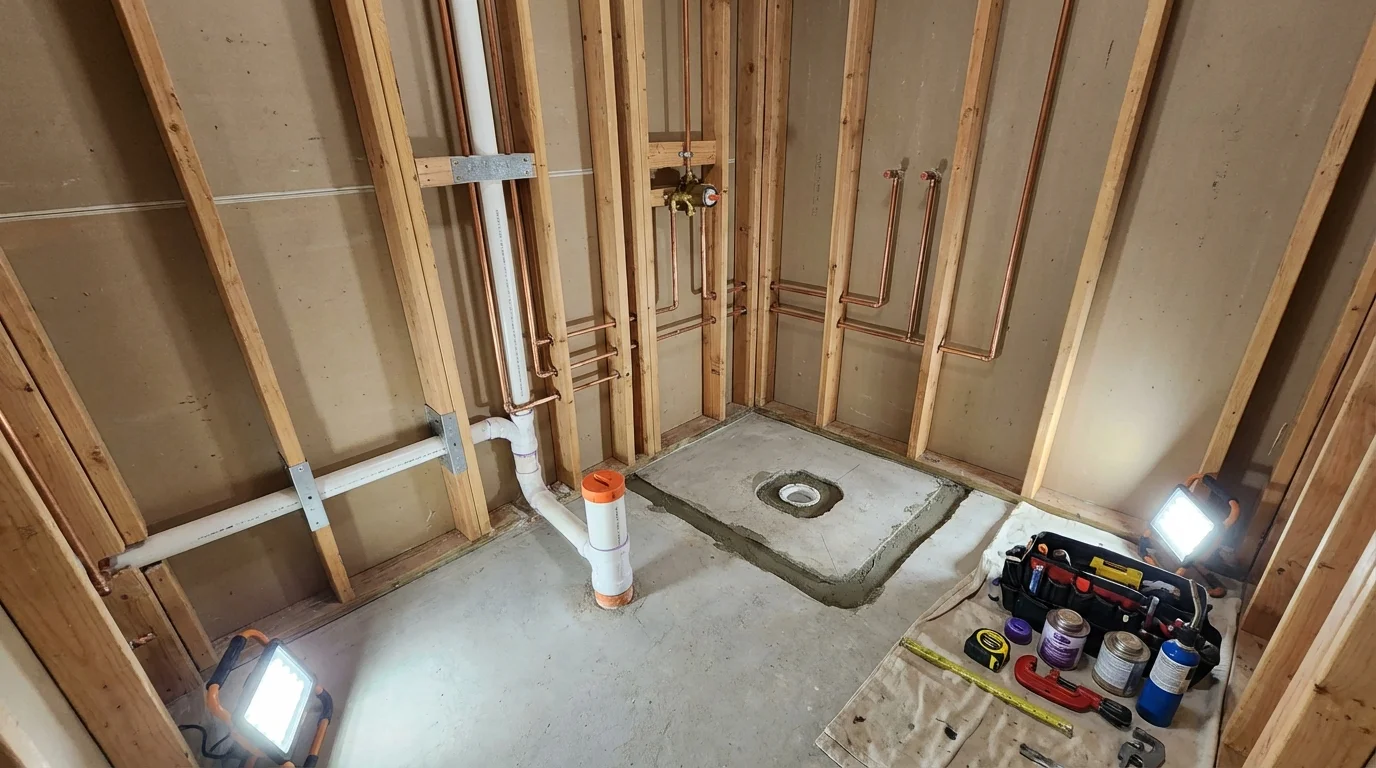 Bathroom rough-in plumbing during remodel by Johns Plumbing LLC in Rocky Mount
