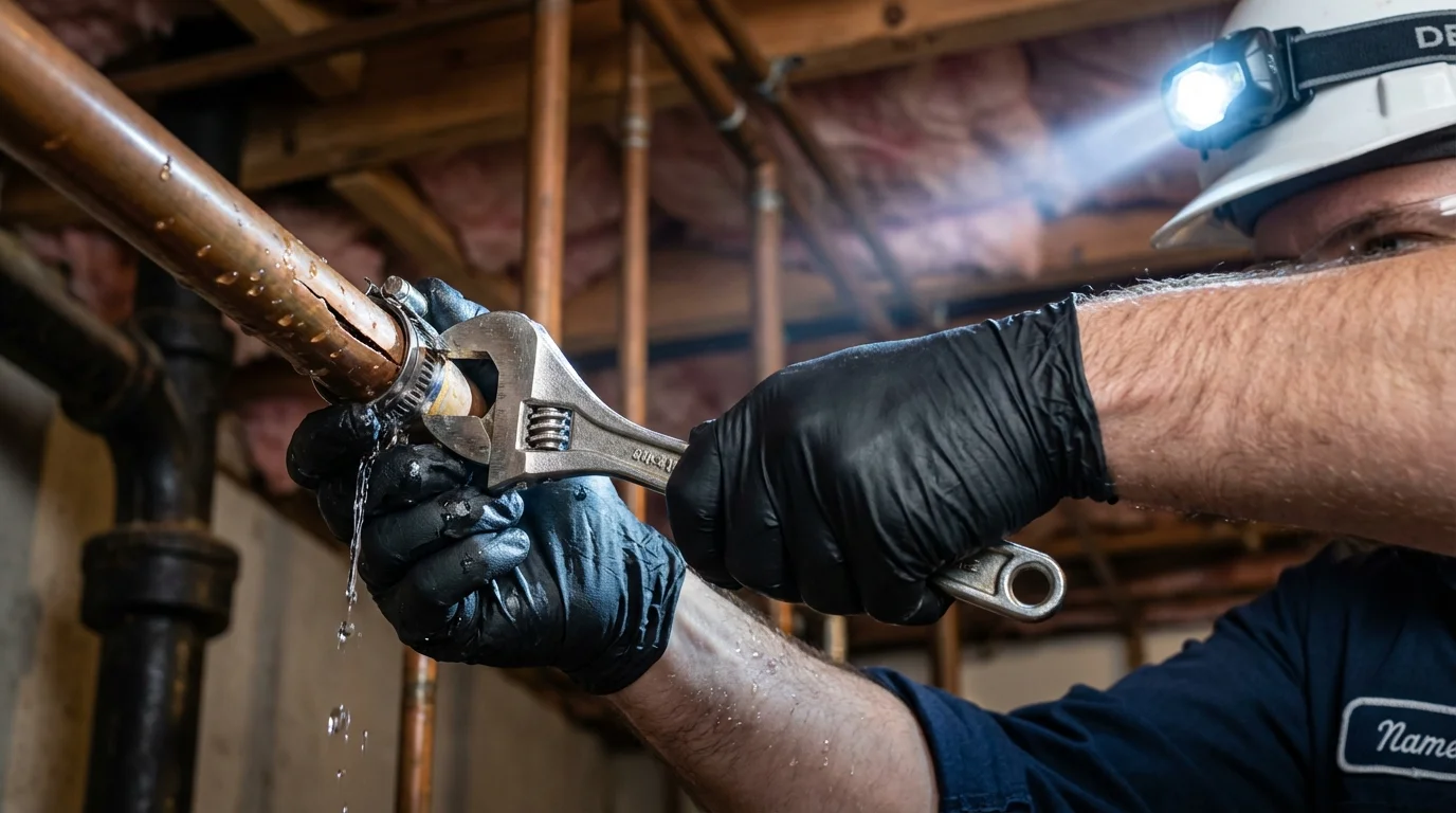 Emergency pipe clamp repair being performed by a Johns Plumbing LLC plumber in Rocky Mount