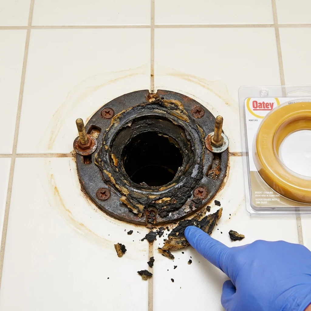 Failed wax ring showing water seepage at the base of a toilet in a Rocky Mount, NC home